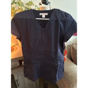 Koi Stretch Womens Navy Blue Scrub Top V-Neck Zip Front Pockets Small NWT